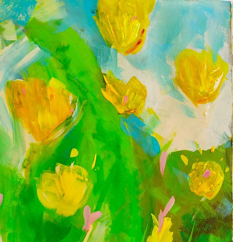 Achtsames Frühlingsbild Gelb mit blauem Himmel